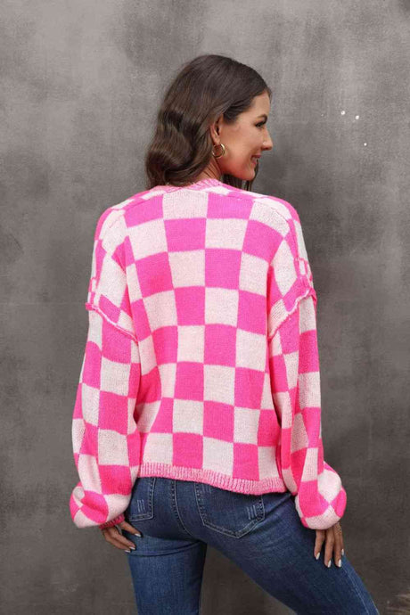 Checkered Open Front Drop Shoulder Cardigan king-general-store-5710.myshopify.com