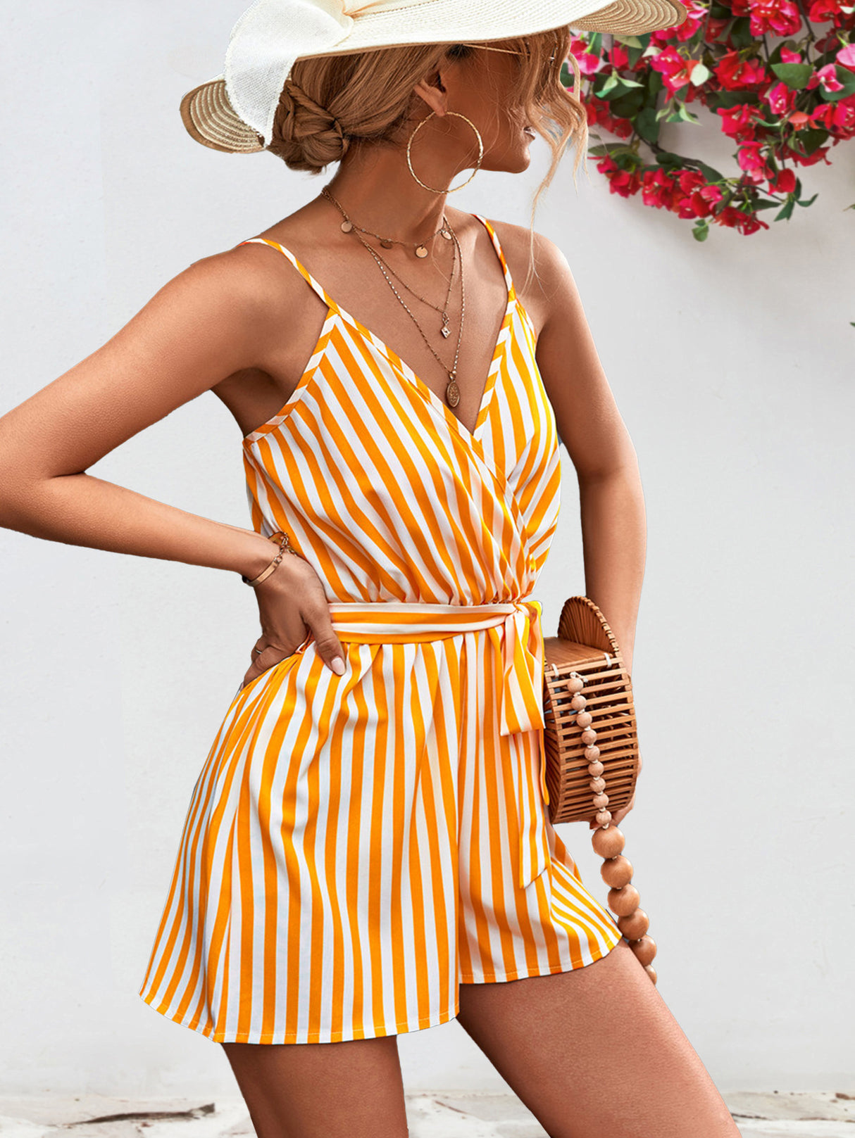 Striped Tie Waist Spaghetti Strap Romper king-general-store-5710.myshopify.com