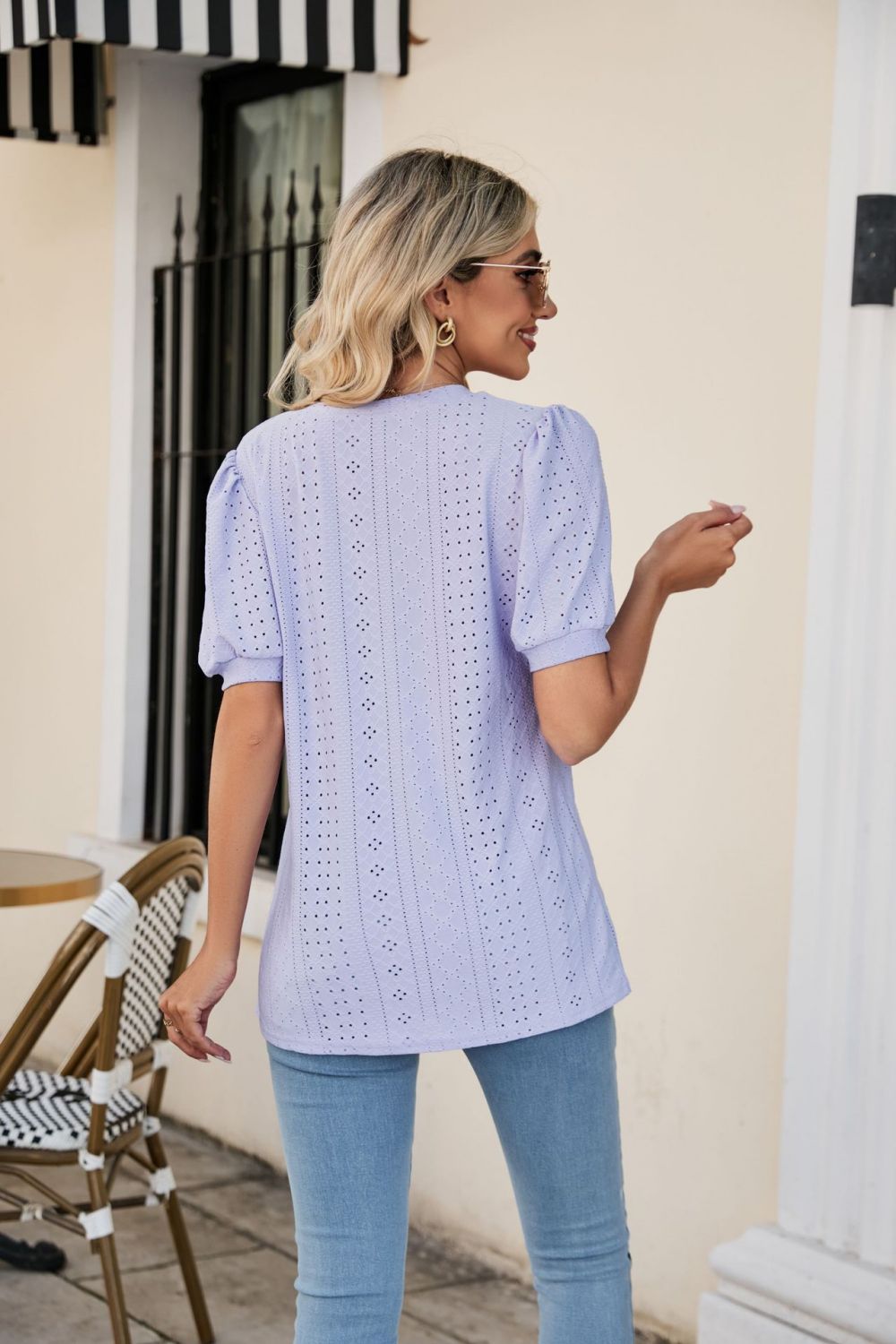 Eyelet Puff Sleeve V-Neck Top king-general-store-5710.myshopify.com