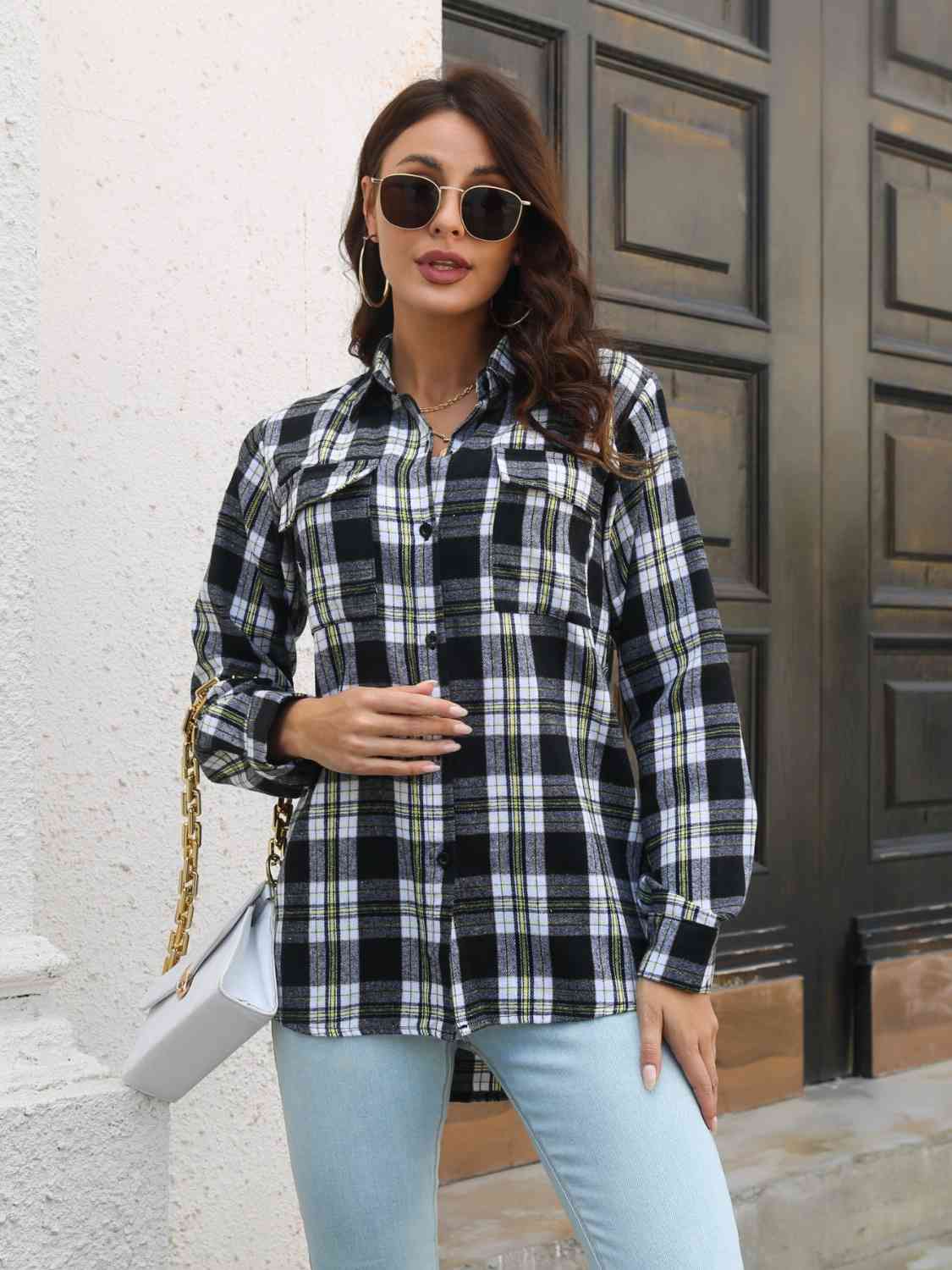 Plaid Collared Neck Buttoned Shirt with Pockets king-general-store-5710.myshopify.com