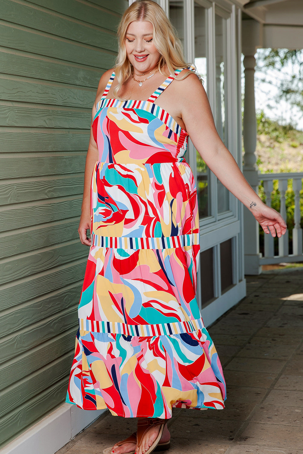 Plus Size Printed Tie Straps Straight Neck Maxi Dress king-general-store-5710.myshopify.com