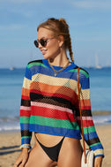 Rainbow Stripe Openwork Long Sleeve Cover-Up king-general-store-5710.myshopify.com