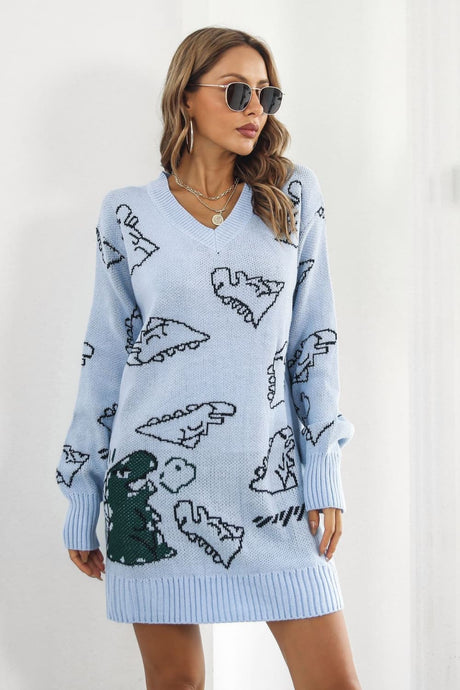 Dinosaur Pattern V-Neck Sweater Dress king-general-store-5710.myshopify.com