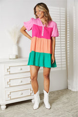 Double Take Color Block Buttoned Puff Sleeve Dress king-general-store-5710.myshopify.com