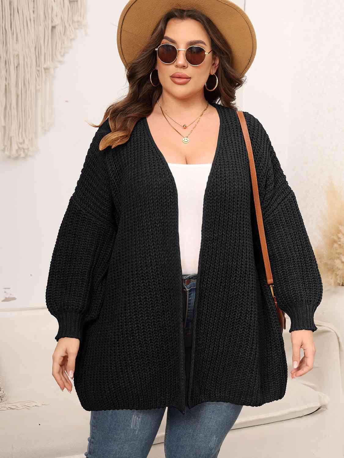 Plus Size Open Front Dropped Shoulder Knit Cardigan king-general-store-5710.myshopify.com