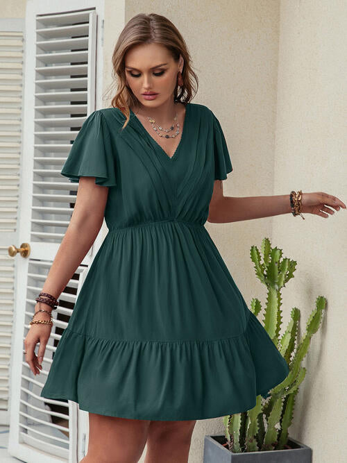 Double Take Plus Size Ruffle Hem V-Neck Short Sleeve Dress king-general-store-5710.myshopify.com