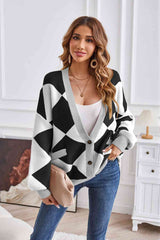 Geometric Lantern Sleeve Cardigan with Pockets king-general-store-5710.myshopify.com