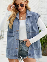 Collared Neck Sleeveless Denim Top with Pockets king-general-store-5710.myshopify.com