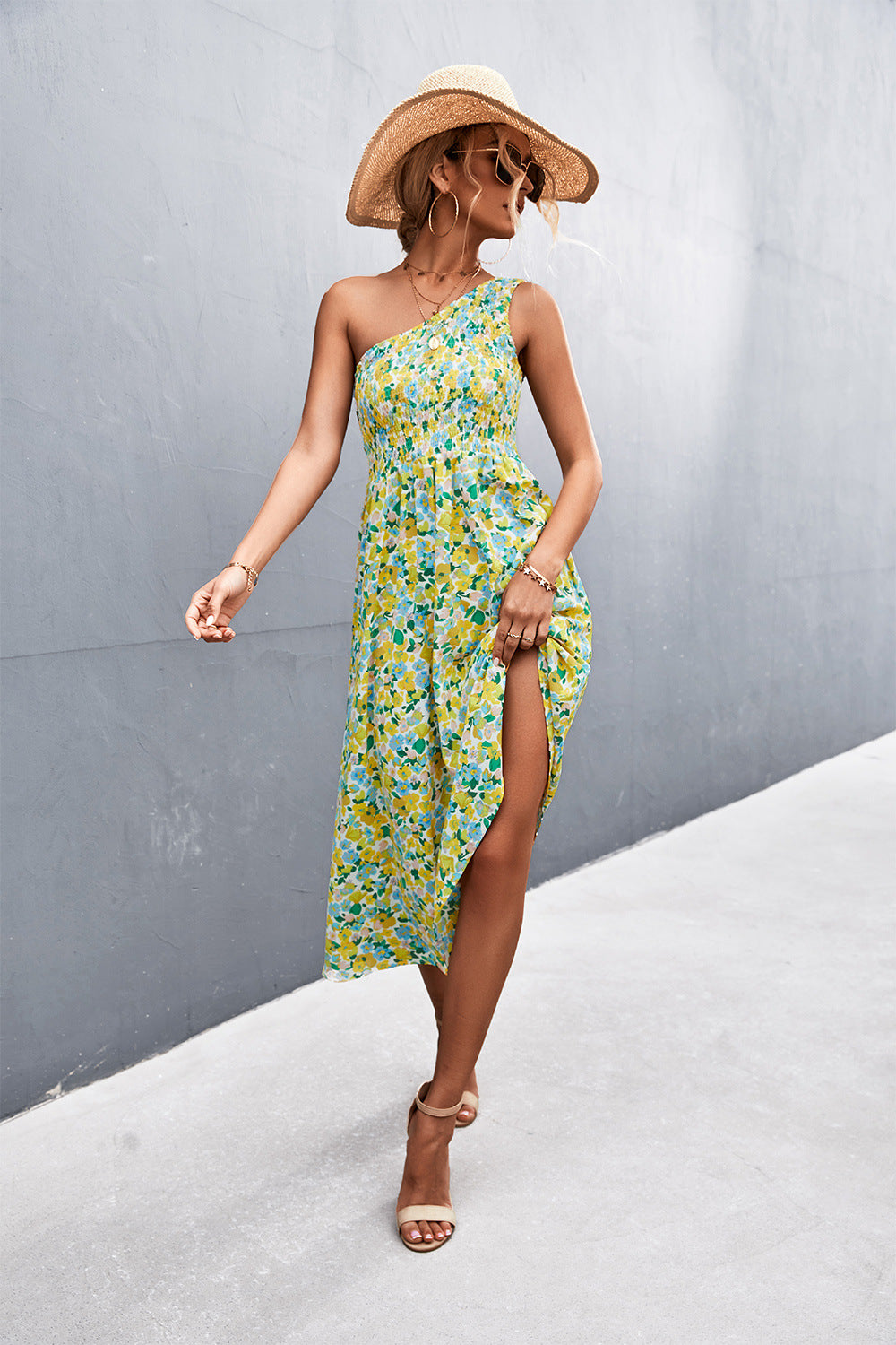 Floral Smocked One-Shoulder Midi Dress king-general-store-5710.myshopify.com