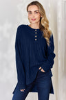 Basic Bae Full Size Ribbed Half Button Long Sleeve High-Low T-Shirt king-general-store-5710.myshopify.com