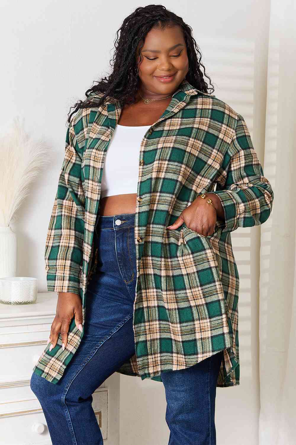 Double Take Plaid Collared Neck Long Sleeve Shirt king-general-store-5710.myshopify.com