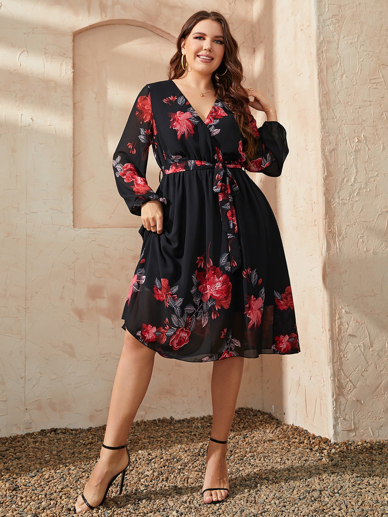 Plus Size Floral Surplice Neck Tie Waist Dress king-general-store-5710.myshopify.com