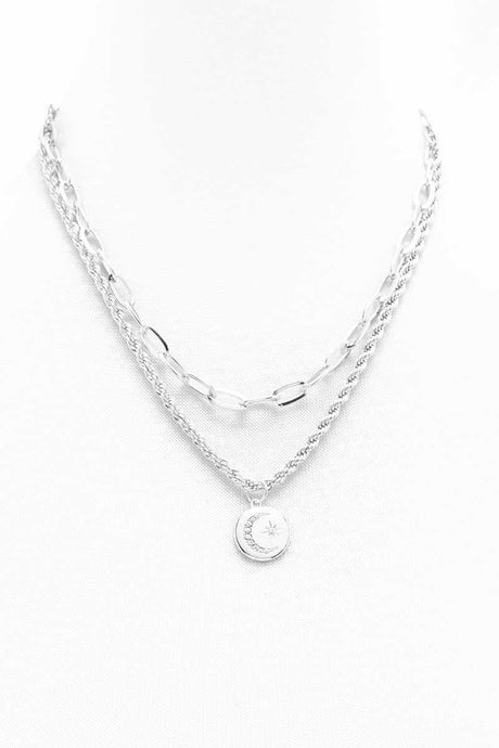 2 Layered Metal Chain Round Pendant Necklace - Kings Crown Jewel Boutique