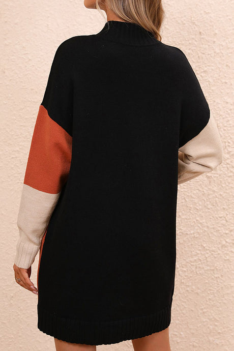 Color Block Mock Neck Dropped Shoulder Sweater Dress king-general-store-5710.myshopify.com