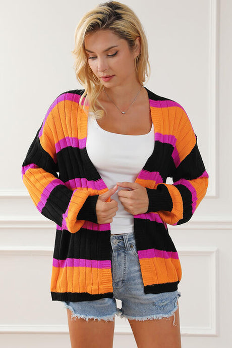 Ribbed Striped Open Front Long Sleeve Cardigan king-general-store-5710.myshopify.com