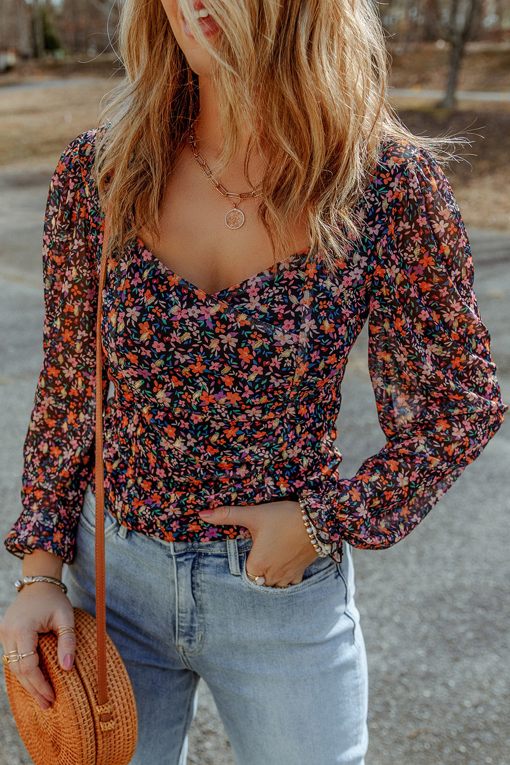 Floral Long Flounce Sleeve Blouse king-general-store-5710.myshopify.com