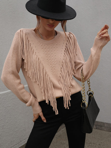 Double Take Fringe Detail Ribbed Trim Sweater king-general-store-5710.myshopify.com