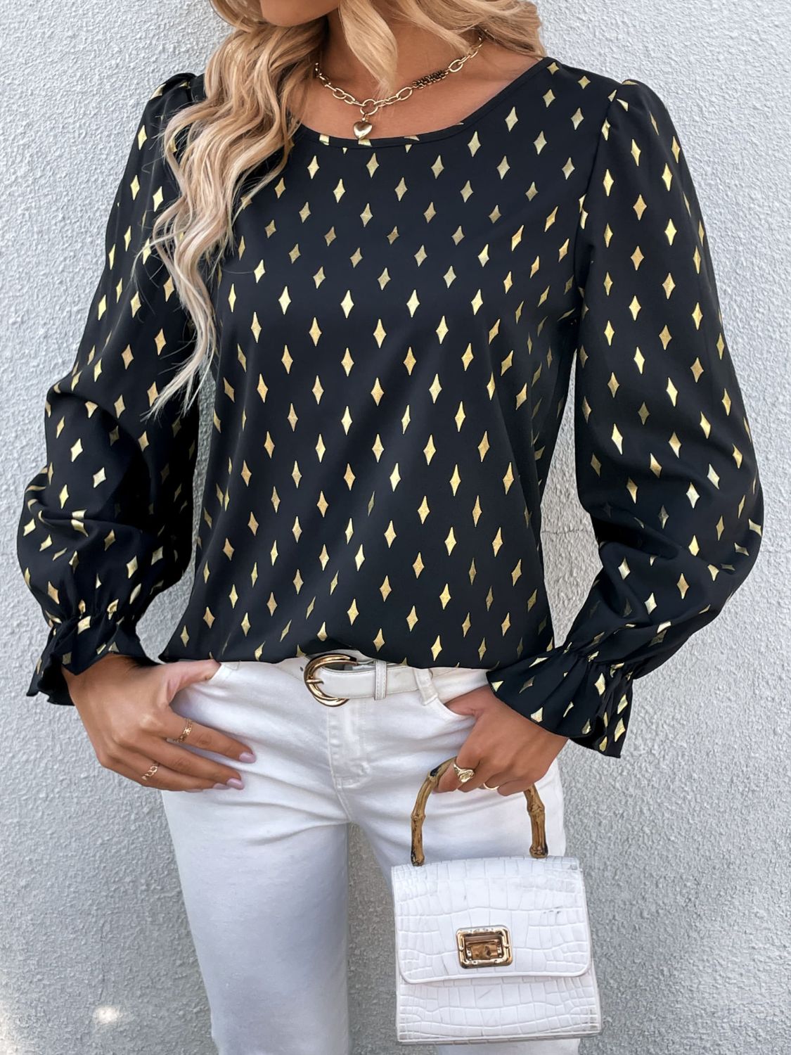 Printed Round Neck Flounce Sleeve Blouse king-general-store-5710.myshopify.com