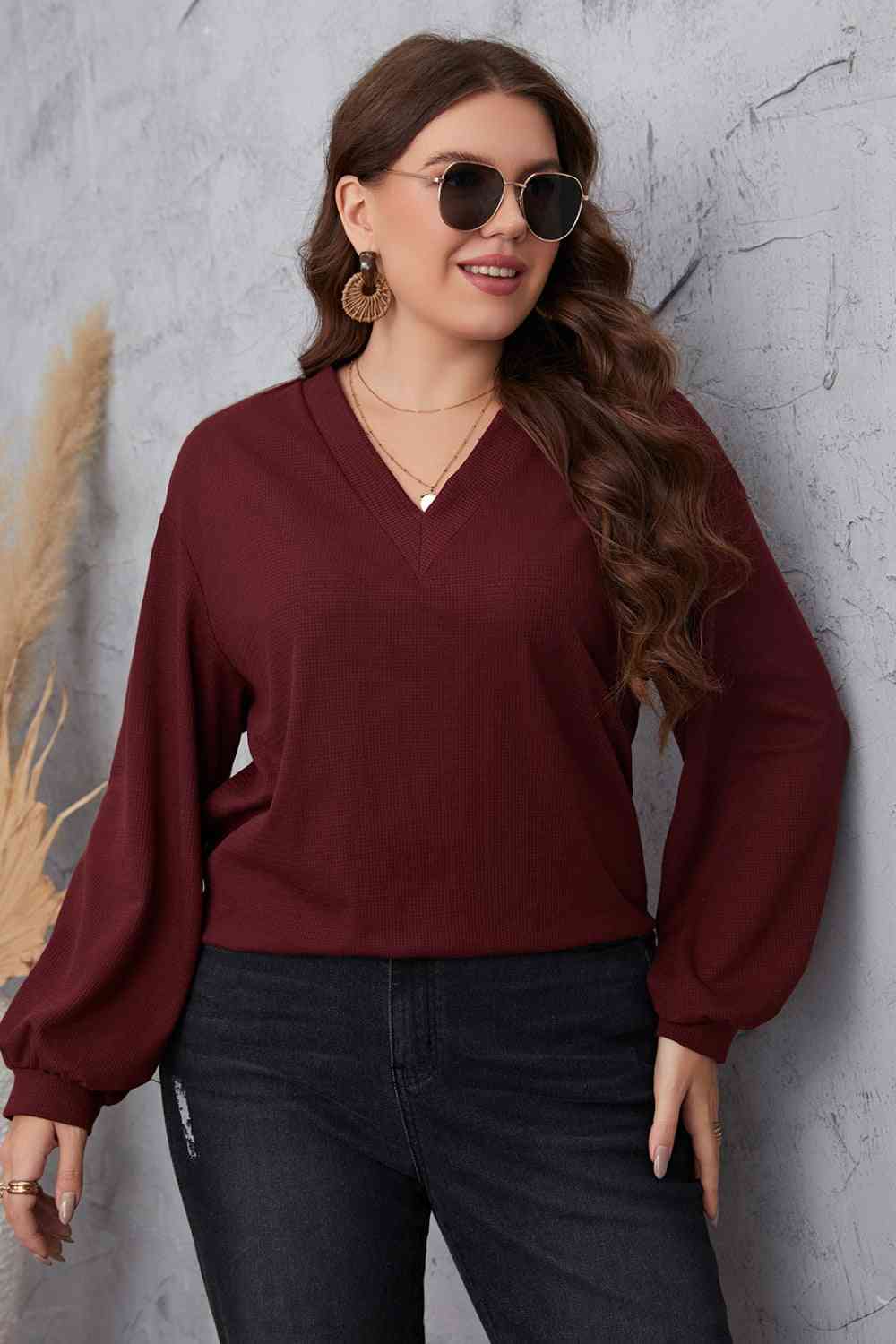 Melo Apparel Plus Size V-Neck Dropped Shoulder Blouse king-general-store-5710.myshopify.com