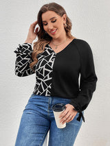 Plus Size Geometric V-Neck Long Sleeve T-Shirt king-general-store-5710.myshopify.com