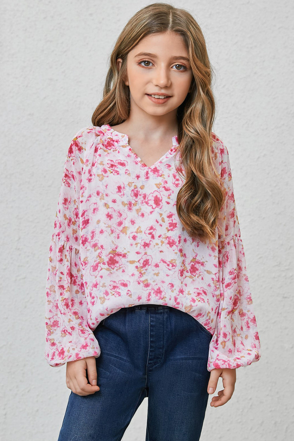 Girls Printed Notched Neck Puff Sleeve Blouse king-general-store-5710.myshopify.com