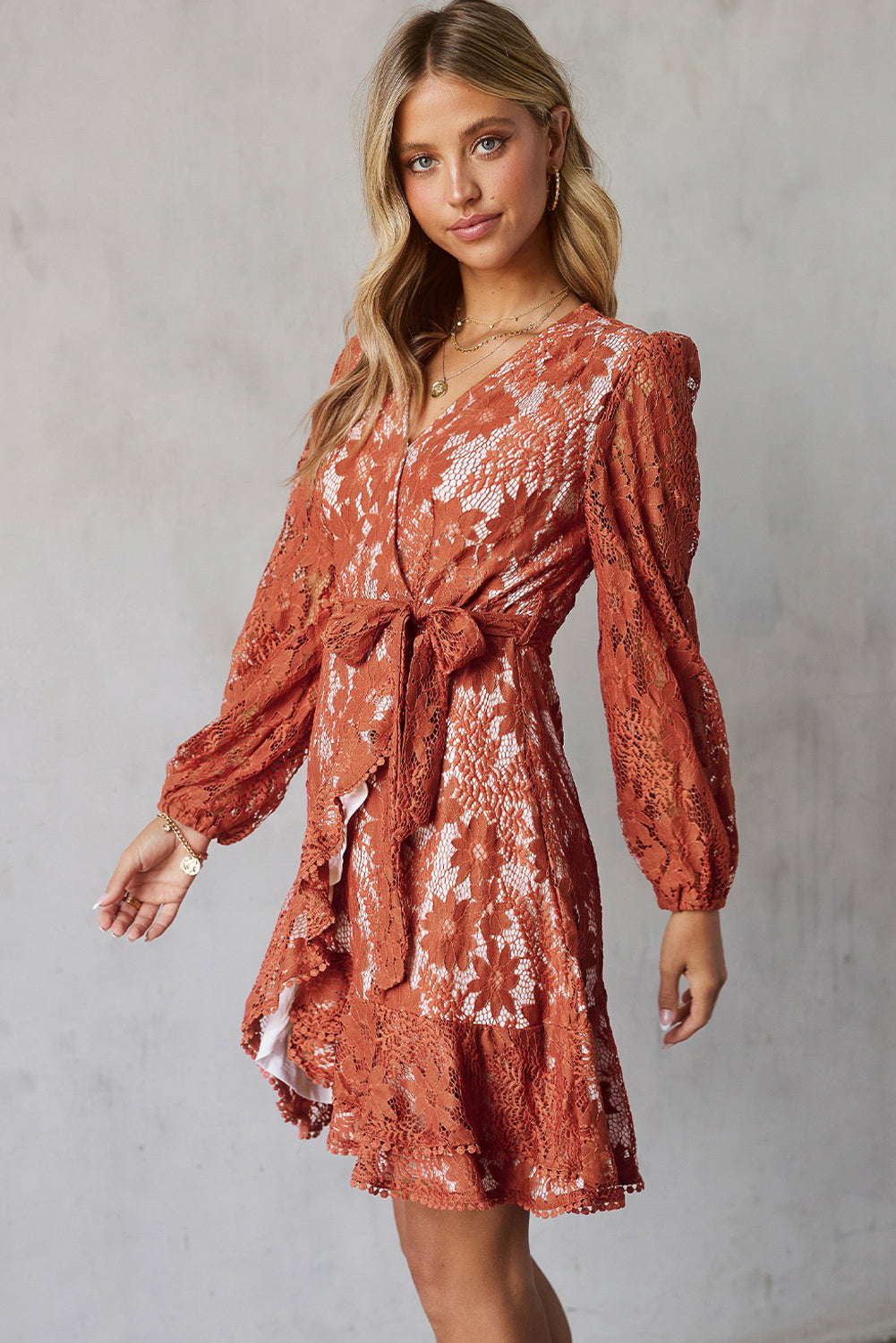 Pompom Trim Puff Sleeve Belted Lace Dress king-general-store-5710.myshopify.com