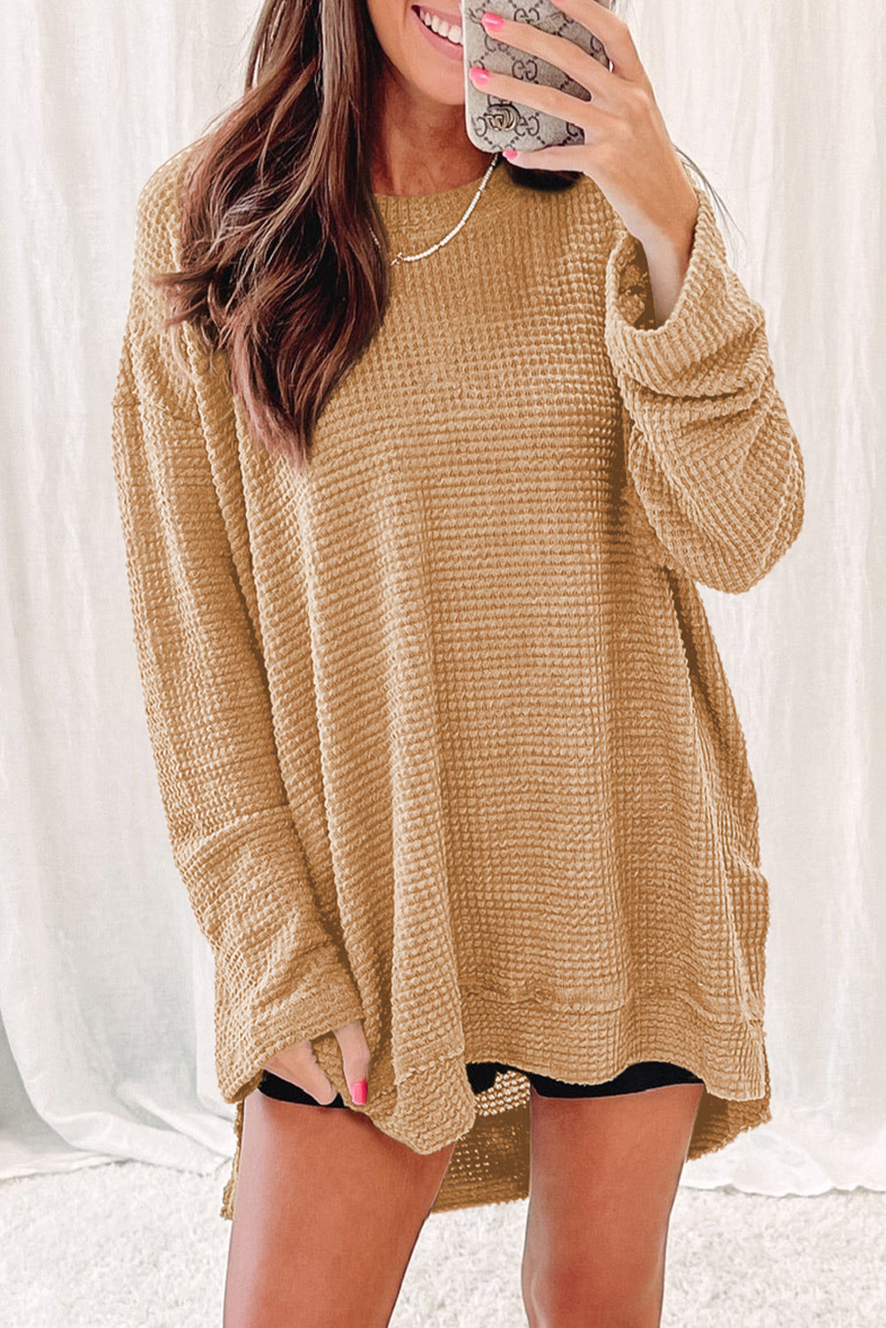 Waffle-Knit Round Neck Long Sleeve Sweatshirt king-general-store-5710.myshopify.com