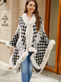 Checkered Faux Fur Trim Poncho king-general-store-5710.myshopify.com