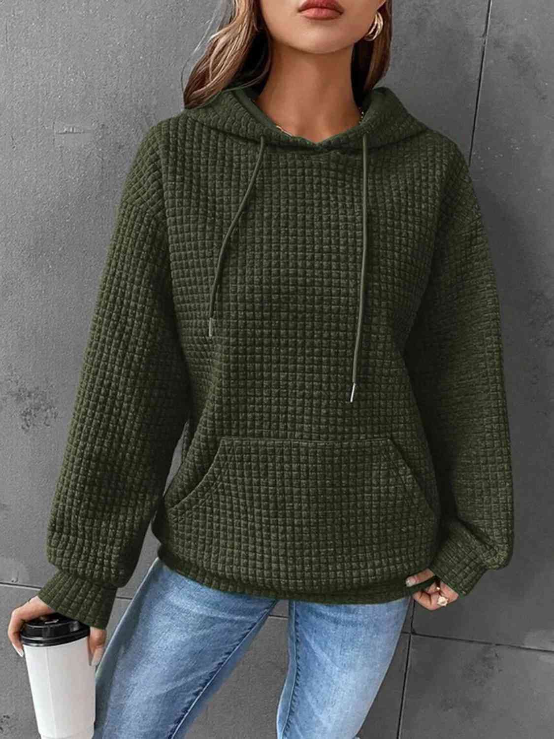 Textured Drawstring Drop Shoulder Hoodie king-general-store-5710.myshopify.com