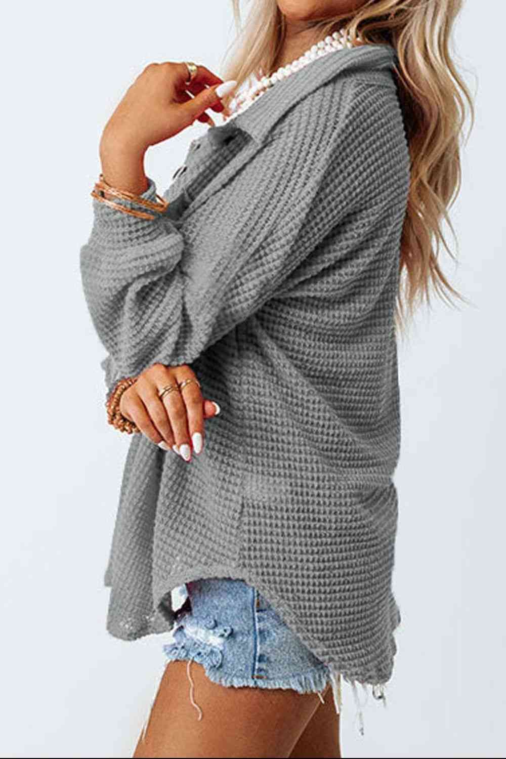 Waffle-Knit Button Up Long Sleeve Shirt with Pocket king-general-store-5710.myshopify.com