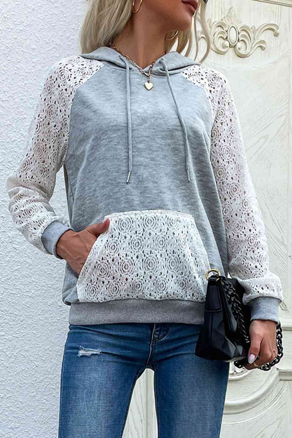 Lace Raglan Sleeve Drawstring Hoodie king-general-store-5710.myshopify.com