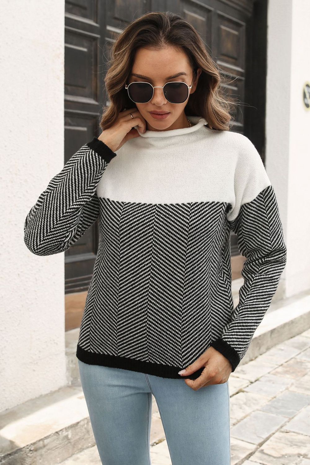 Two-Tone Mock Neck Dropped Shoulder Pullover Sweater king-general-store-5710.myshopify.com