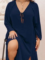 Plus Size Tie Neck Long Sleeve Slit Dress king-general-store-5710.myshopify.com