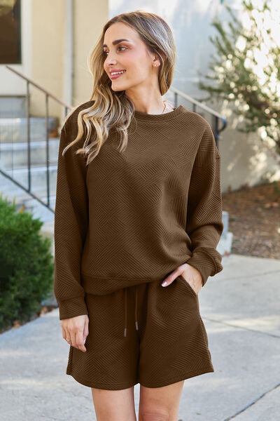 Double Take Full Size Texture Long Sleeve Top and Drawstring Shorts Set king-general-store-5710.myshopify.com