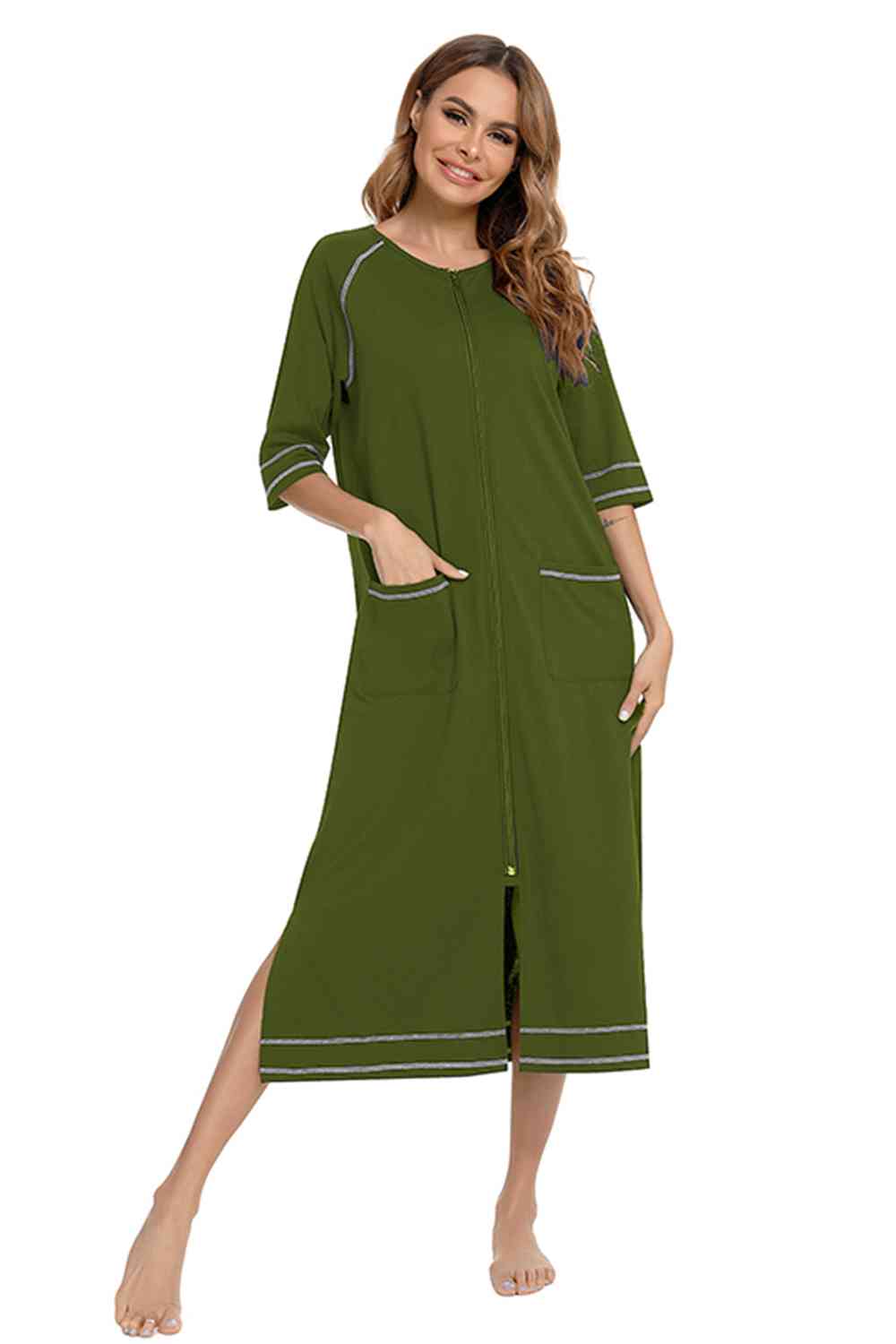 Zip Up Slit Round Neck Night Dress with Pockets king-general-store-5710.myshopify.com