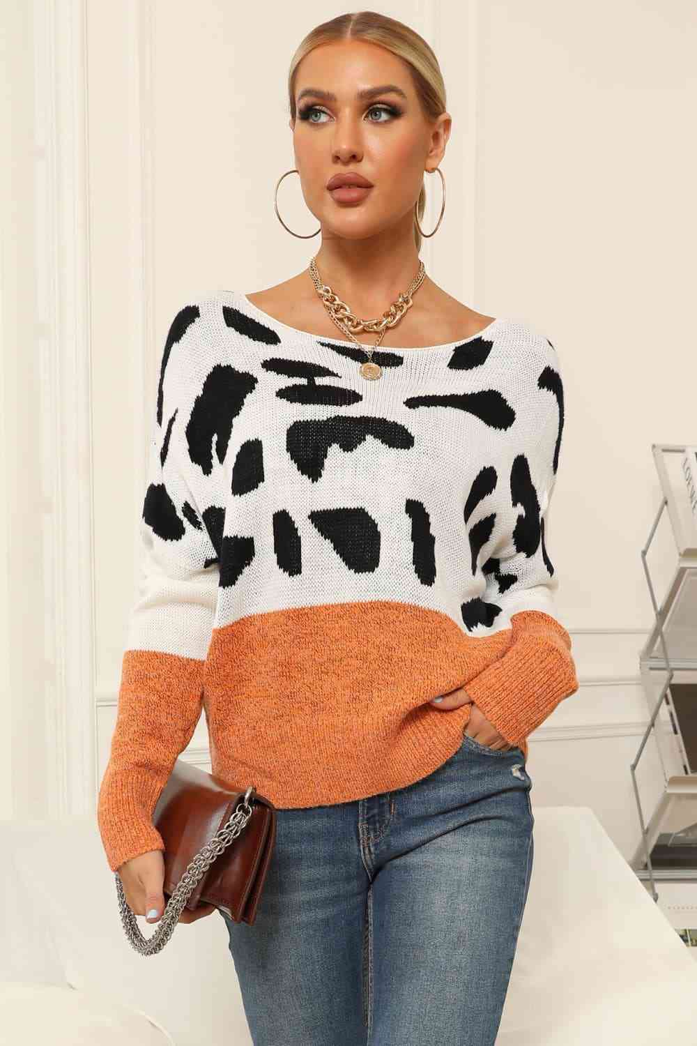 Full Size Two-Tone Boat Neck Sweater king-general-store-5710.myshopify.com