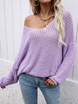 Rib-Knit Drop Shoulder V-Neck Pullover Sweater king-general-store-5710.myshopify.com