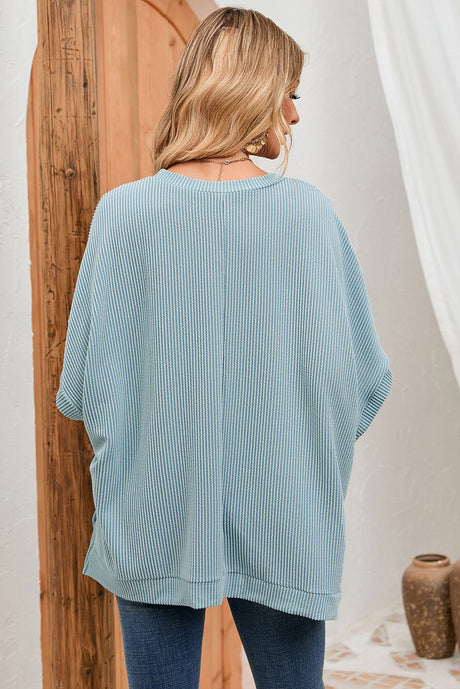 Double Take Full Size Round Neck Ribbed Slit Tunic Top king-general-store-5710.myshopify.com