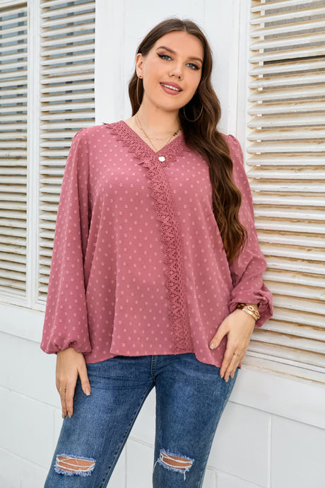 Plus Size Lace Trim V-Neck Balloon Sleeve Blouse king-general-store-5710.myshopify.com