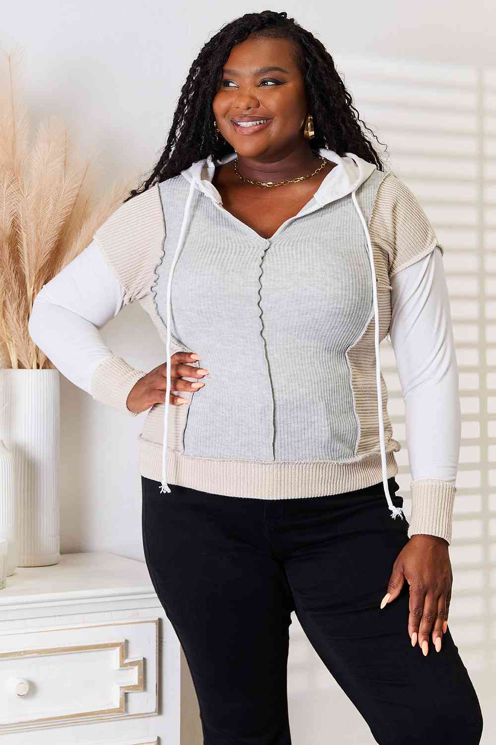Double Take Color Block Exposed Seam Drawstring Hoodie king-general-store-5710.myshopify.com