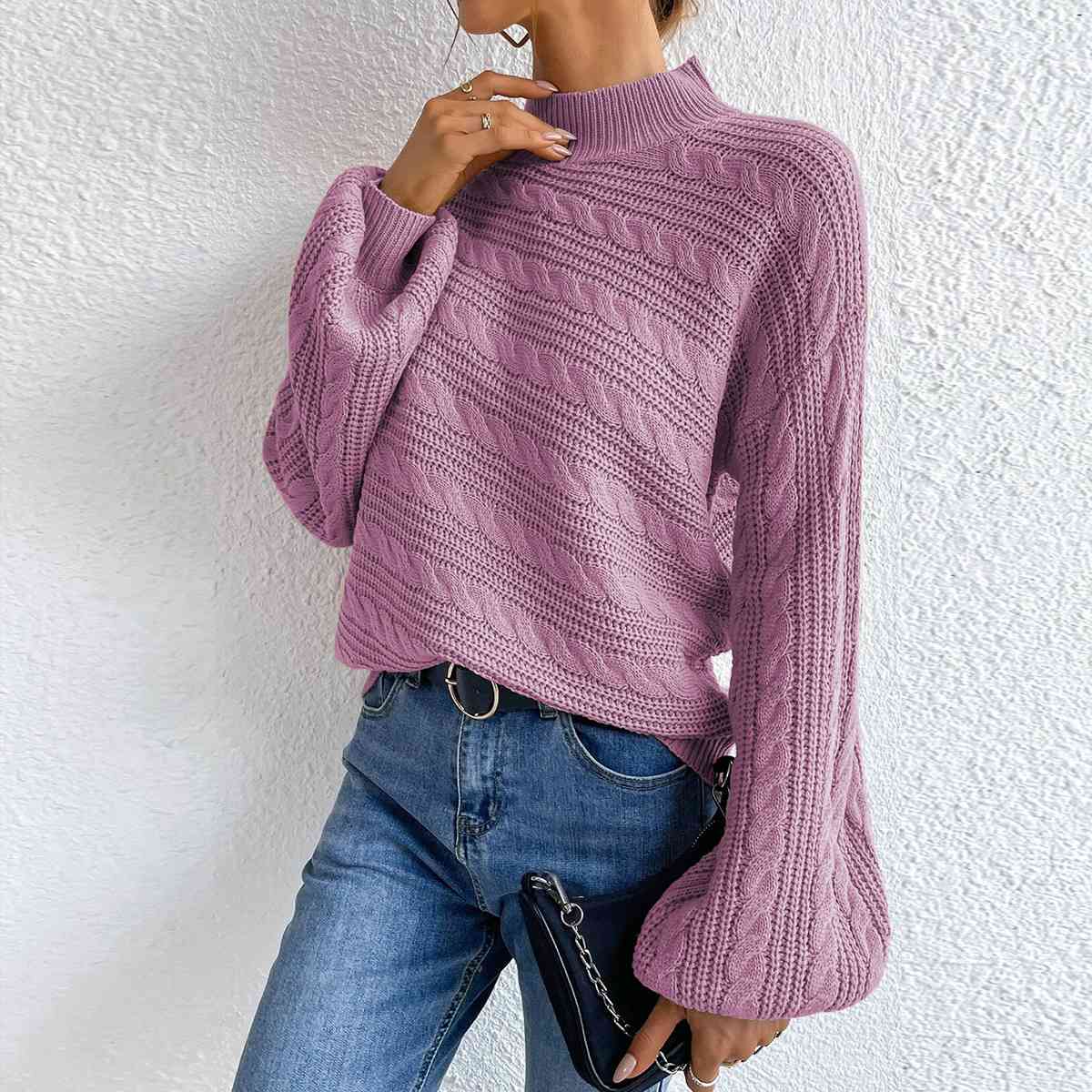 Cable-Knit Mock Neck  Long Sleeve Sweater king-general-store-5710.myshopify.com