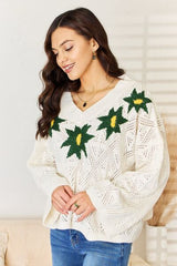 POL Floral Embroidered Pattern V-Neck Sweater king-general-store-5710.myshopify.com