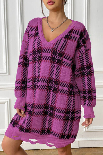 Plaid V-Neck Long Sleeve Sweater Dress king-general-store-5710.myshopify.com