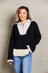 Double Take Color Block Half-Zip Dropped Shoulder Knit Pullover king-general-store-5710.myshopify.com