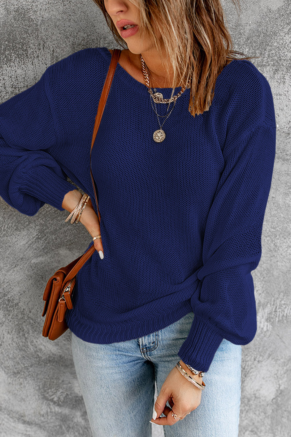 Double Take Tied Balloon Sleeve Round Neck Sweater king-general-store-5710.myshopify.com