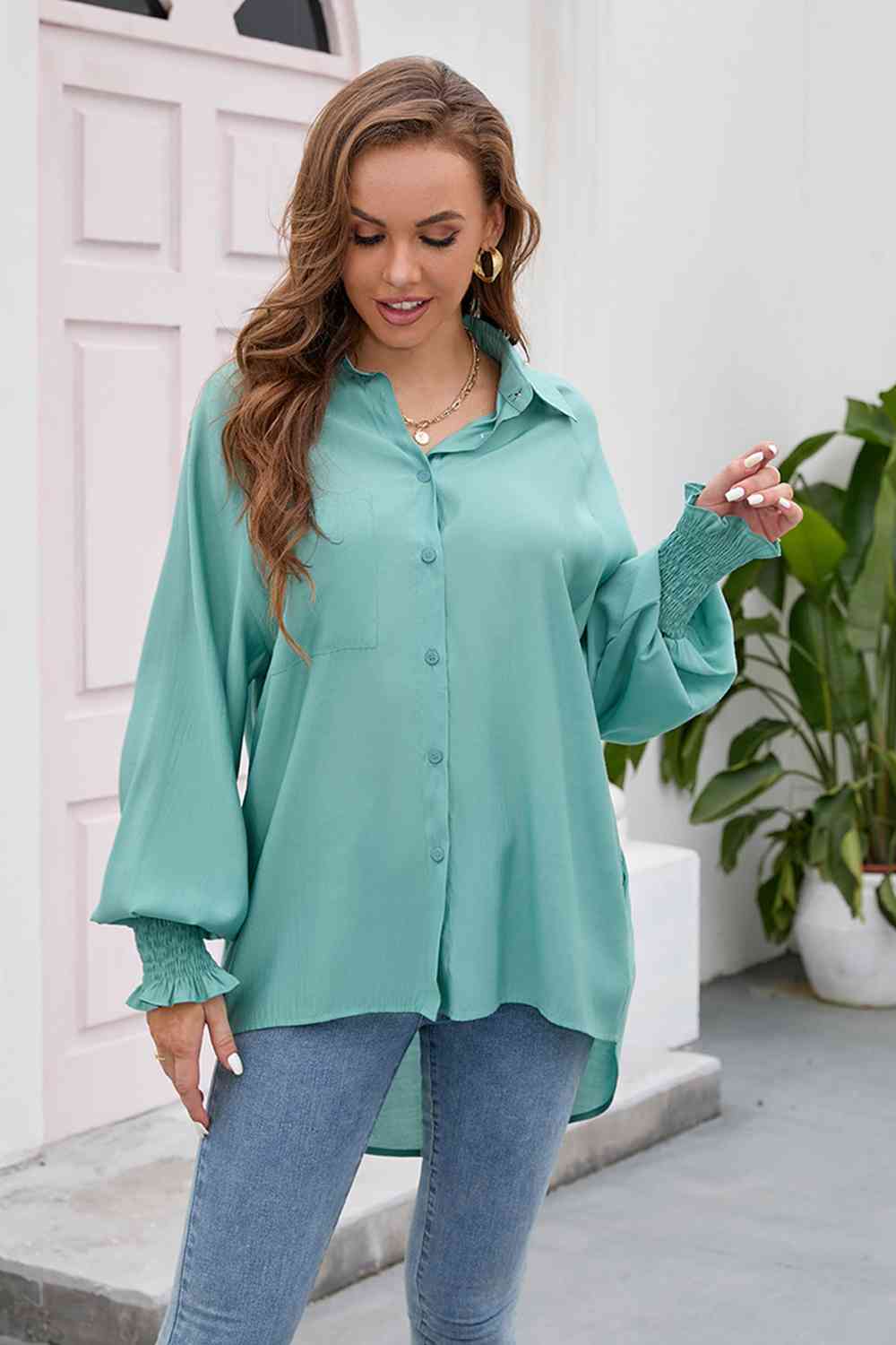 High-Low Collared Neck Lantern Sleeve Shirt king-general-store-5710.myshopify.com