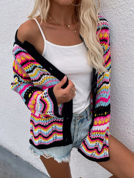 Chevron Stripes Openwork Cardigan king-general-store-5710.myshopify.com