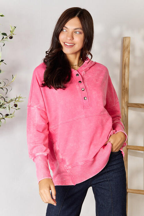 Zenana Half Snap Long Sleeve Hoodie with Pockets king-general-store-5710.myshopify.com