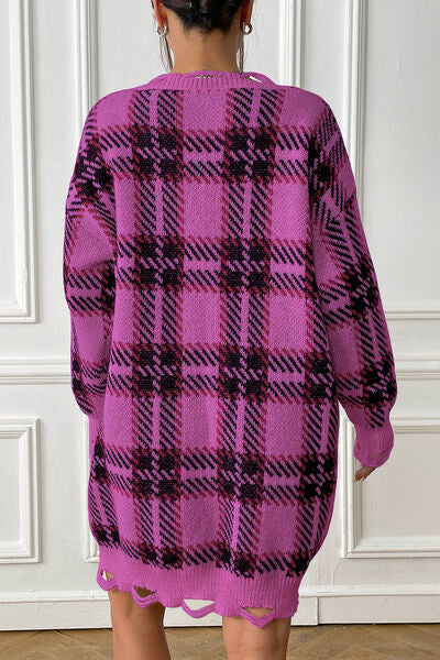 Plaid V-Neck Long Sleeve Sweater Dress king-general-store-5710.myshopify.com