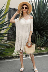 V-Neck Short Sleeve Fringe Hem Knit Dress king-general-store-5710.myshopify.com